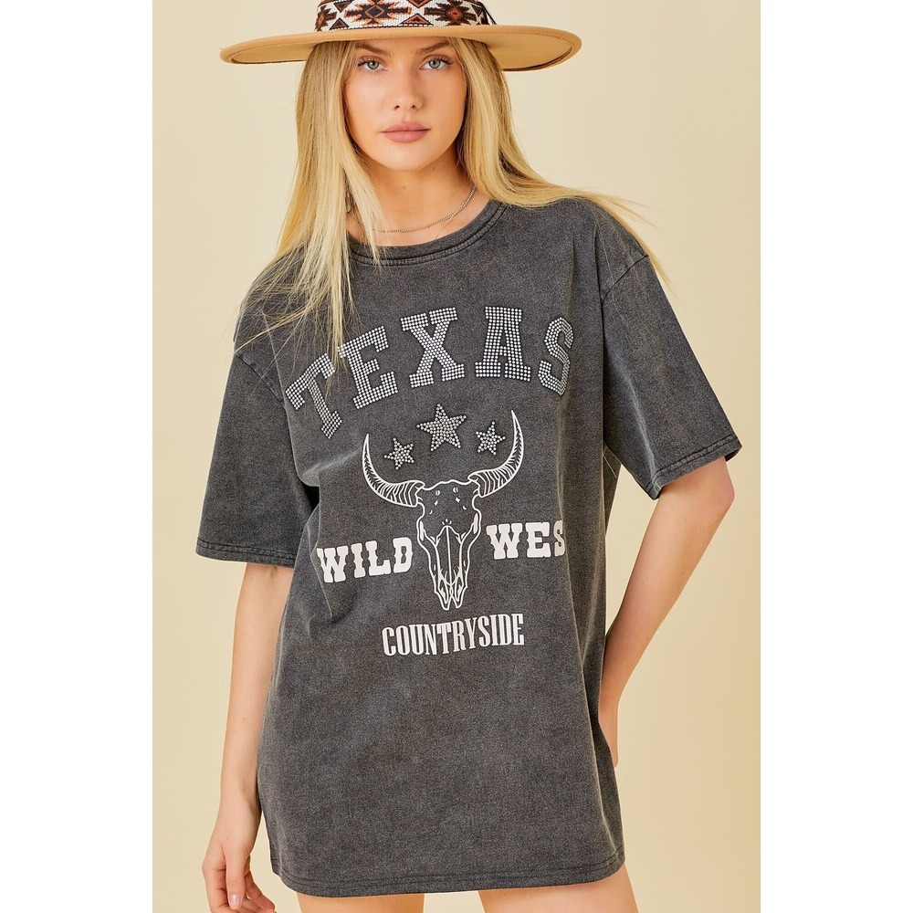 Mainstrip Graphic Tee Womens Small Washed Black NEW Texas Sparkle Wild West